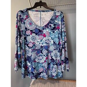T by Talbots UPF 50+ protect Blue Floral plus sz 2X Scoop Neck Shirt tunic